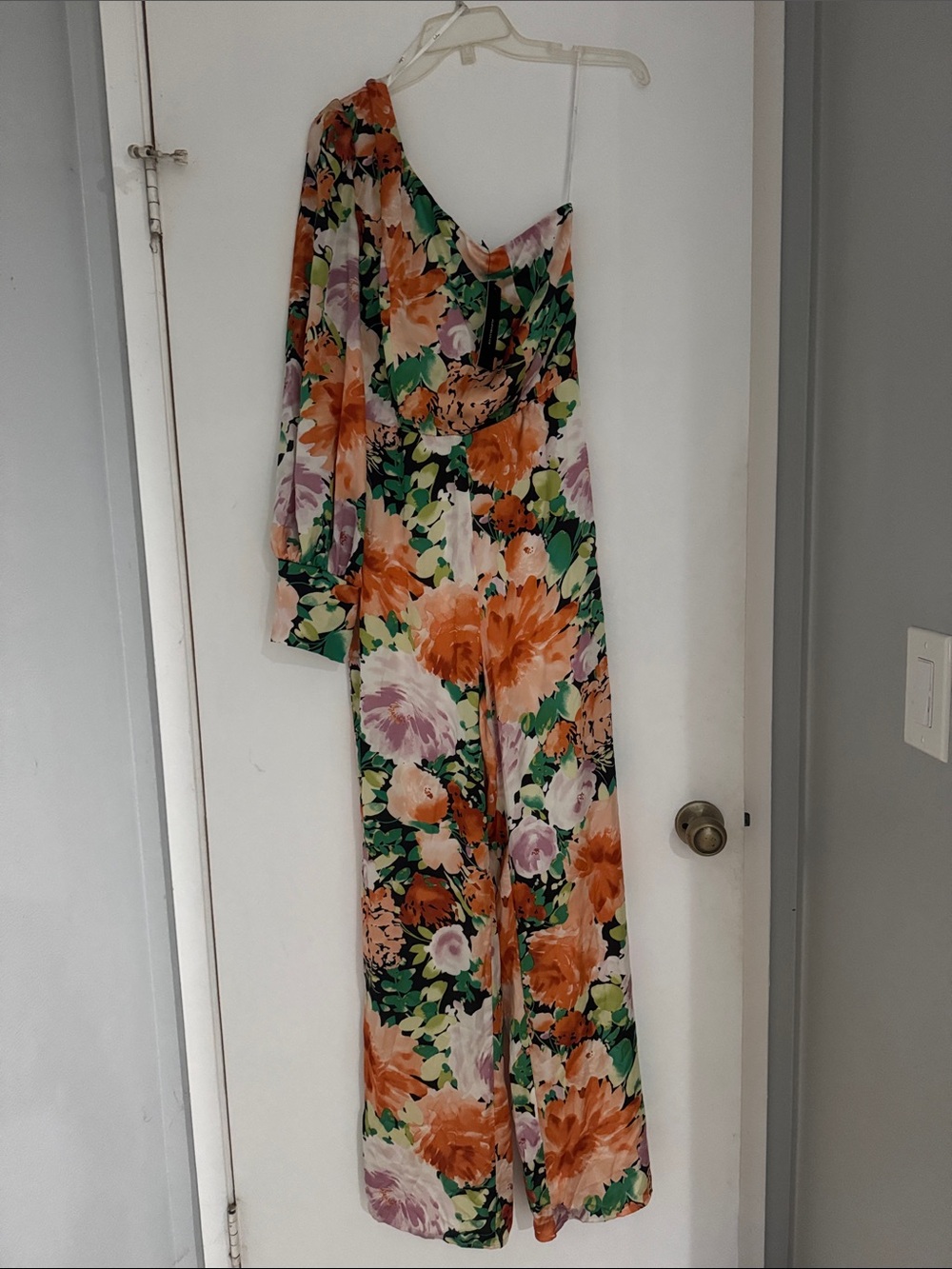 Lulus Floral One-Shoulder Wide-Leg Jumpsuit - Orange Green
